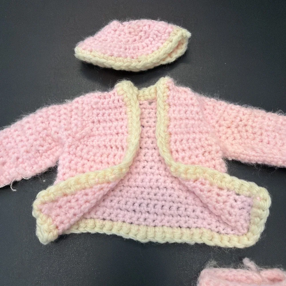 Vintage Handmade Crocheted Pink Color Dress, Barbie Size With Accessories